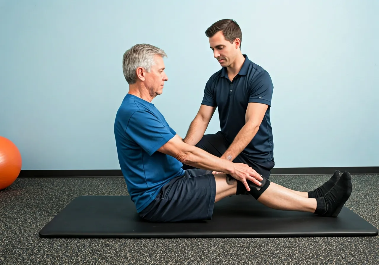 How to Relieve Sciatica Pain After Knee Replacement Surgery 2 A photograph of a physical therapist assisting a senior patient with a safe, modified seated hamstring stretch that protects the newly replaced knee while relieving lower back tension.