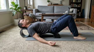 A person resting supine on a yoga mat in a living room comparing passive lumbar traction on an adjustable back stretcher with a wheel roller for spinal decompression