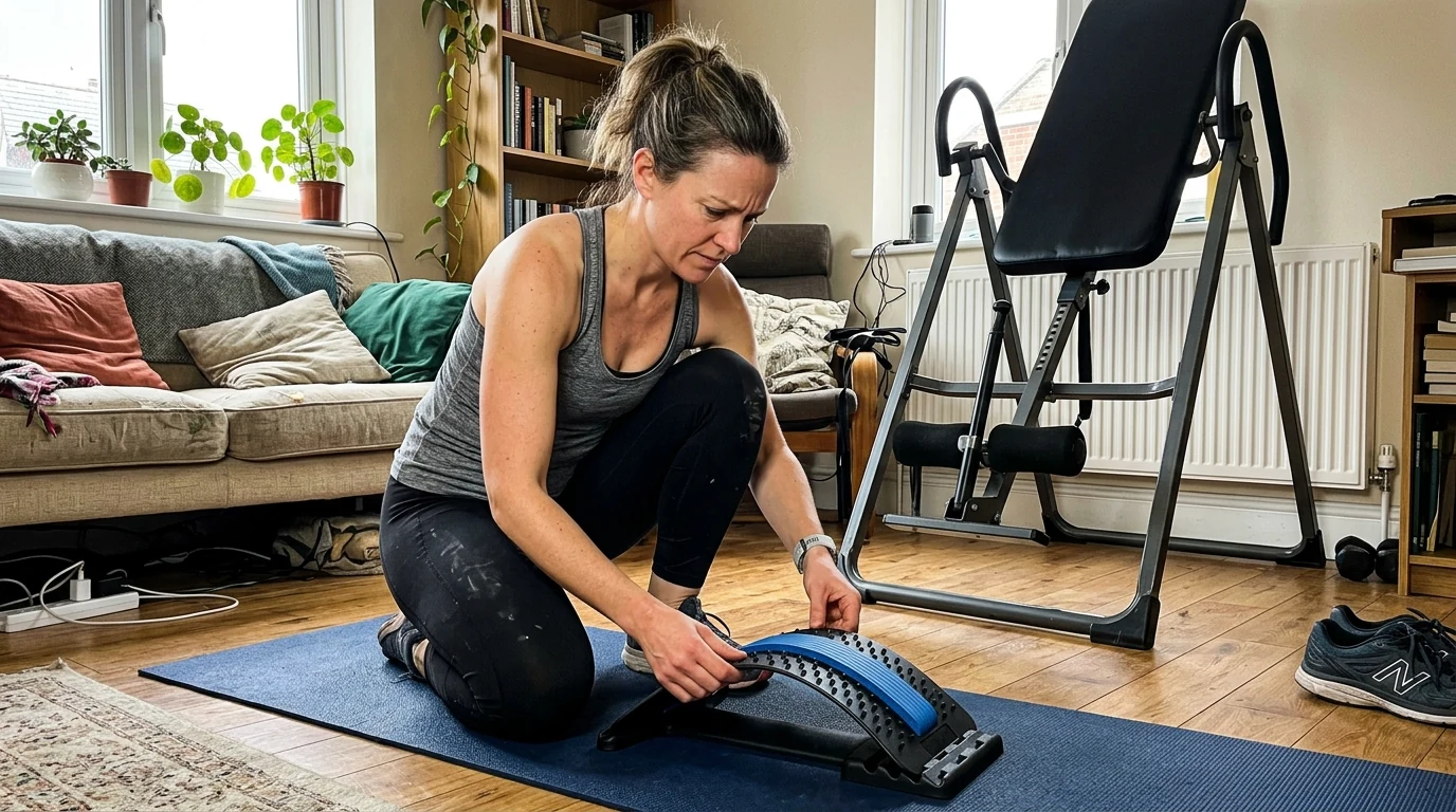 A woman kneeling in a home living room adjusting a floor back stretcher with an inversion table in the background for spinal traction comparison (AI Generated Image)