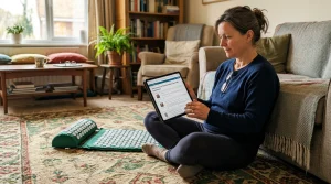 An adult sitting on a living room rug with a tablet reviewing experiences about acupressure mats for sciatica with a green spike mat and pillow nearby