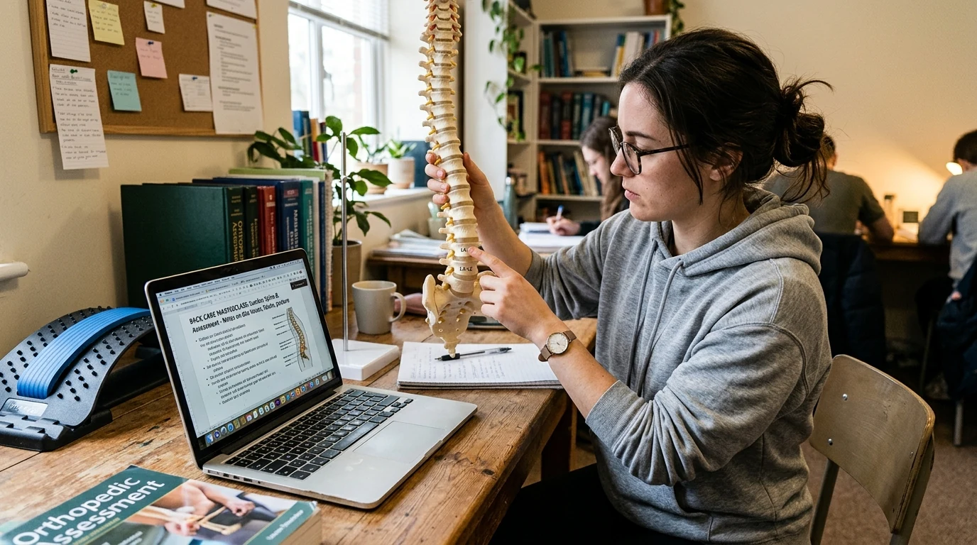 A physical therapy student examining an anatomical spine model on a desk next to a laptop displaying clinical masterclass notes and a lumbar stretcher (AI Generated Image)