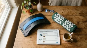 A curated flat-lay of ergonomic spine care tools including an adjustable arched back stretcher, rolled acupressure mat, and a tablet displaying community peer reviews