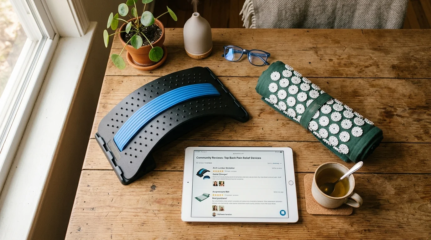 The Most Recommended Back Pain Relief Devices According to Private Facebook Groups 1 A curated flat-lay of ergonomic spine care tools including an adjustable arched back stretcher, rolled acupressure mat, and a tablet displaying community peer reviews (AI Generated Image)