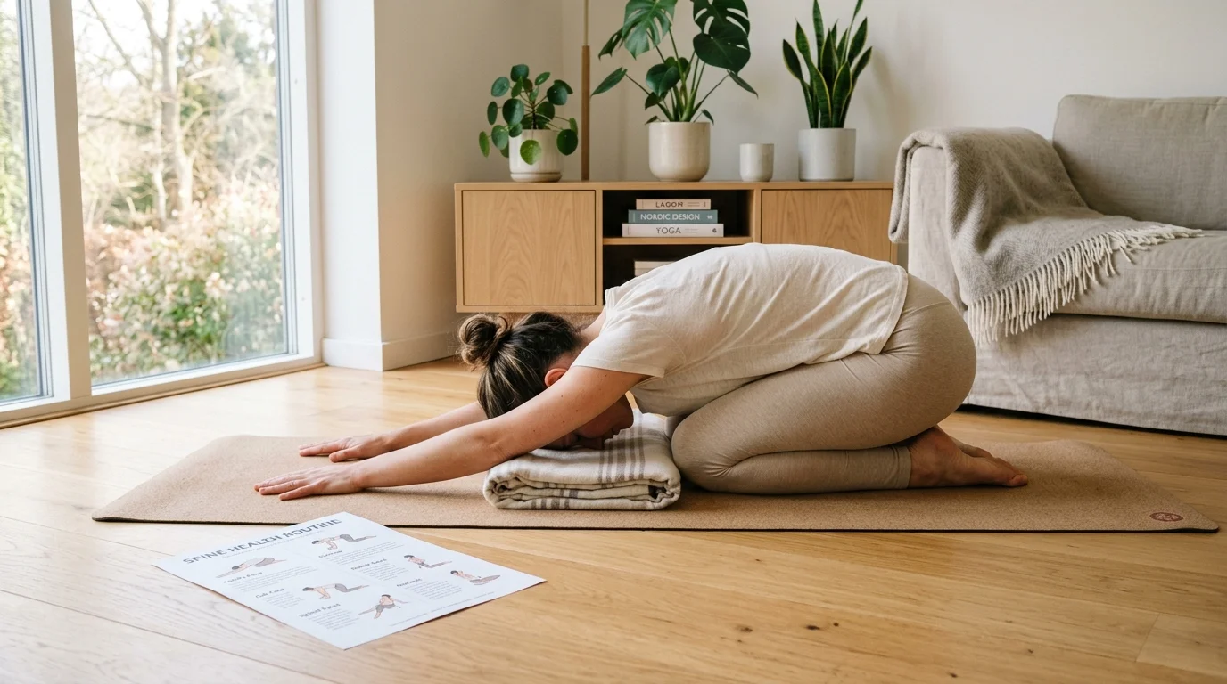 An adult stretching in child's pose on a yoga mat in a sunlit living room with an illustrated spine health blueprint routine sheet on the floor (AI Generated Image)