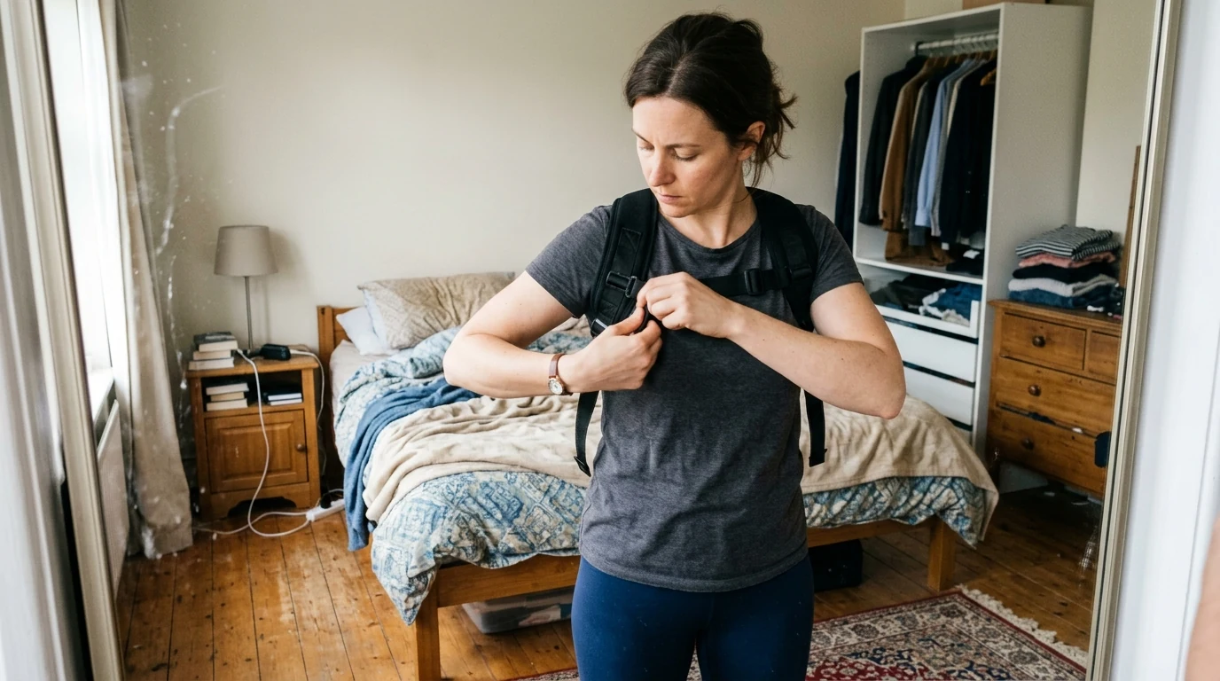 An adult adjusting the padded shoulder straps of a posture corrector brace in front of a mirror (AI Generated Image)