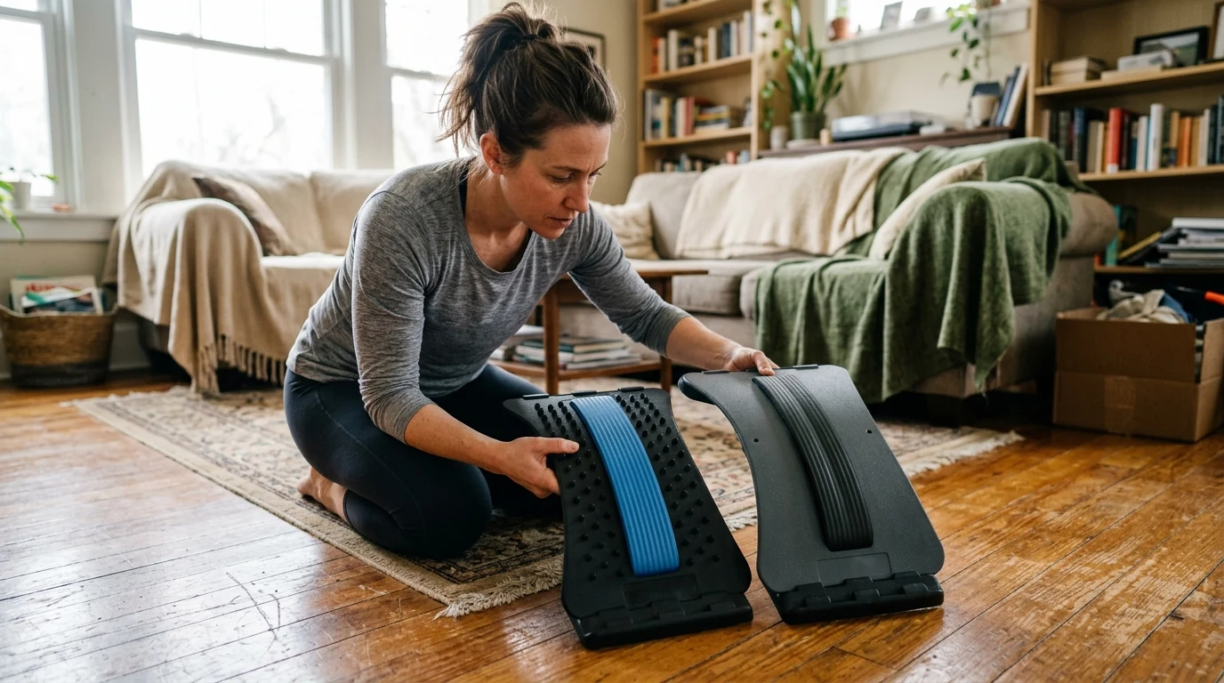 An adult inspecting two arched back stretchers side-by-side to examine structural durability and spine cushion channels (AI Generated Image)