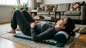 An adult resting on an acupressure mat with neck pillow on a living room rug, demonstrating acupressure trigger therapy