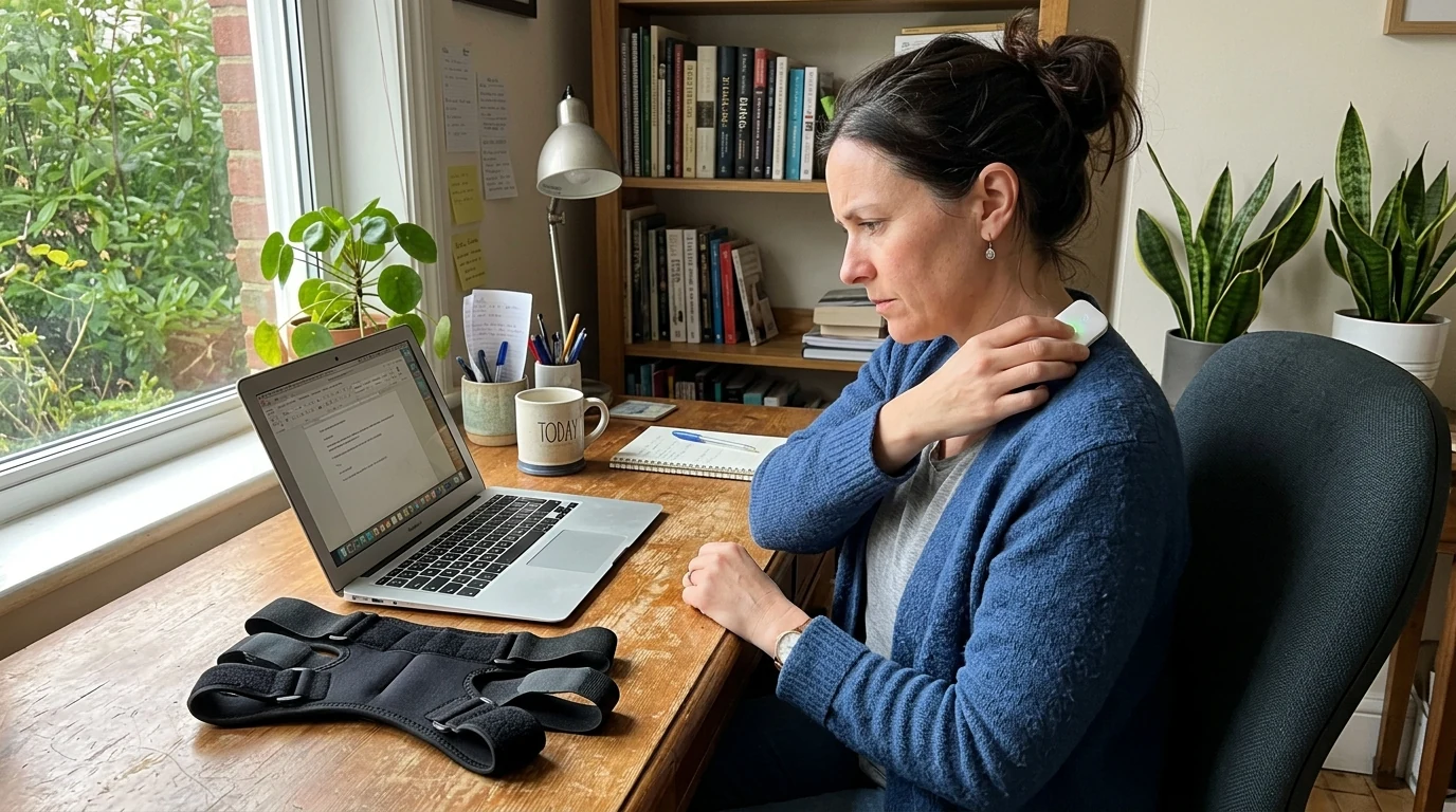 A woman desk worker at a laptop comparing an electronic wearable posture sensor with an adjustable posture brace (AI Generated Image)