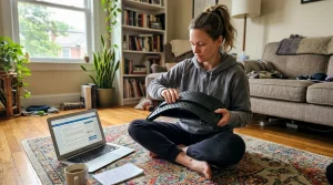 An adult sitting cross-legged on a rug with a laptop reviewing Reddit discussions while inspecting an adjustable arched back stretcher
