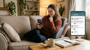 A person resting comfortably on a sofa with lumbar support reviewing helpful advice from an online sciatica support group on a smartphone