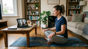 An adult sitting on a yoga mat watching a physical therapist demonstrate spinal exercises on a tablet on a coffee table