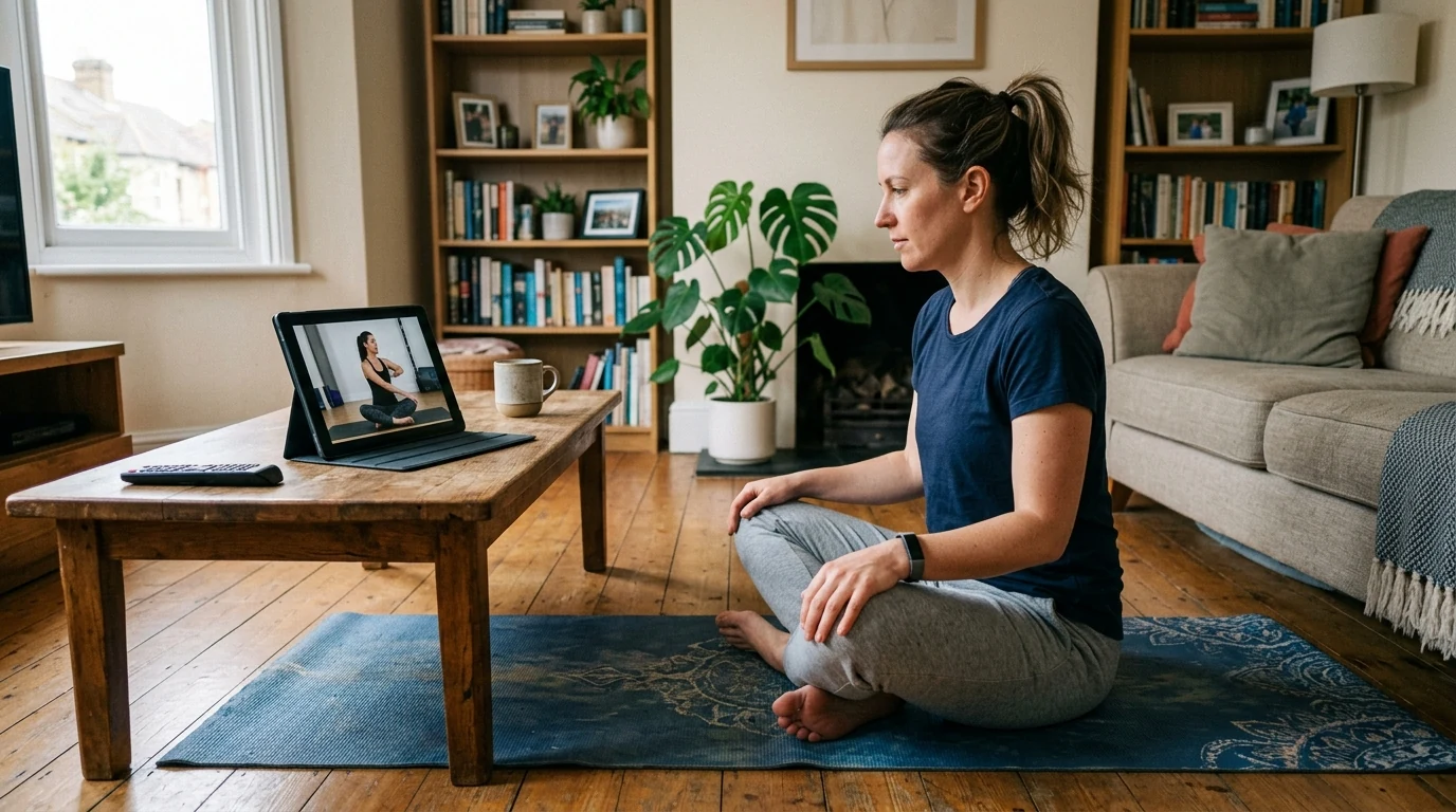 An adult sitting on a yoga mat watching a physical therapist demonstrate spinal exercises on a tablet on a coffee table (AI Generated Image)