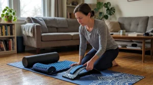 An adult on a living room yoga mat comparing several back relief tools including an adjustable arched back stretcher, foam roller, and acupressure mat