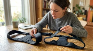An adult examining two posture corrector braces on a wooden table, inspecting strap width, underarm padding, and stitching quality