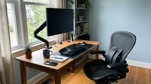 An ergonomic desk setup with elevated monitor arm, ergonomic keyboard, vertical mouse, and an office chair fitted with an arched lumbar support back stretcher