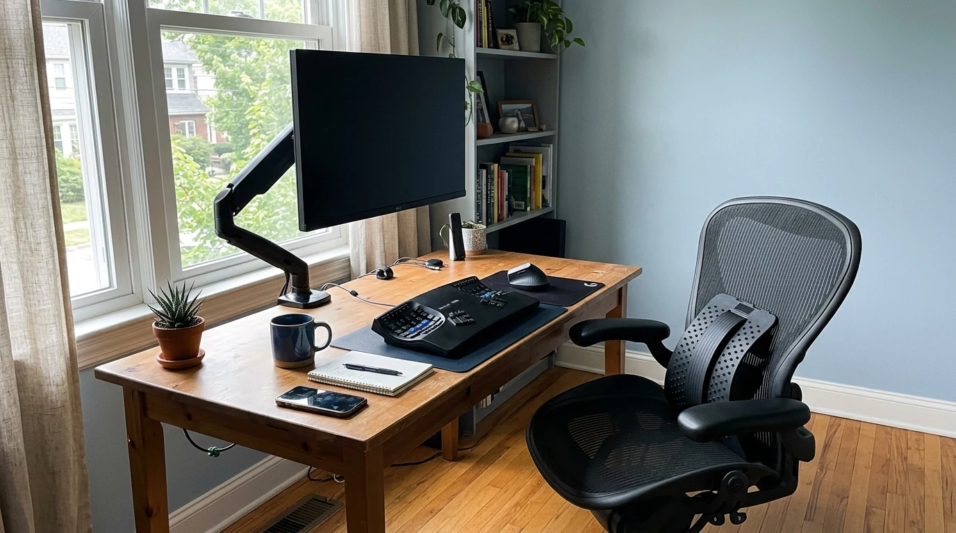 An ergonomic desk setup with elevated monitor arm, ergonomic keyboard, vertical mouse, and an office chair fitted with an arched lumbar support back stretcher