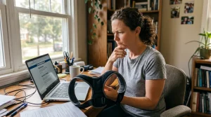 An adult at a desk reviewing online community reviews on a laptop while holding an ergonomic posture corrector brace with padded shoulder straps