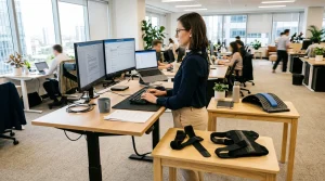 A corporate professional working at an adjustable standing desk in a bright office with ergonomic posture support tools on an adjacent table