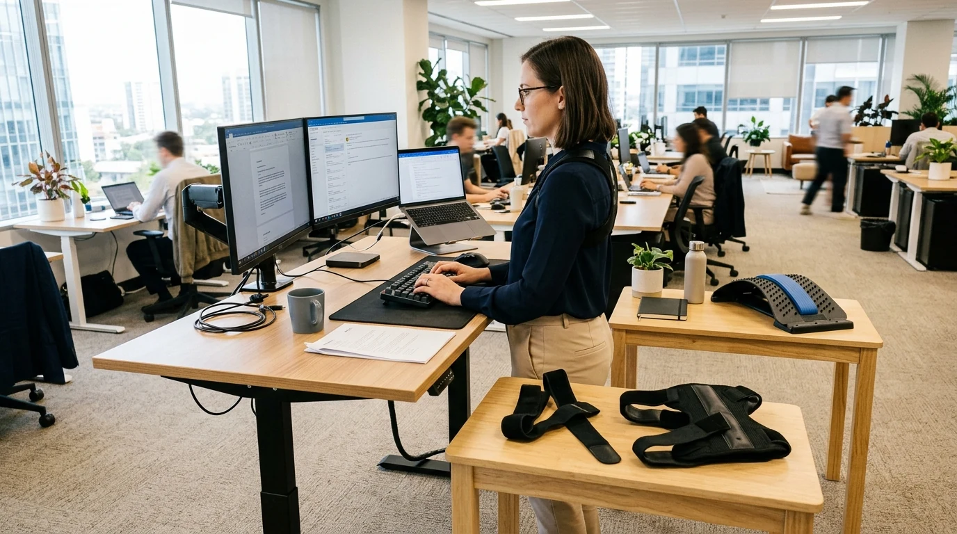 A corporate professional working at an adjustable standing desk in a bright office with ergonomic posture support tools on an adjacent table (AI Generated Image)