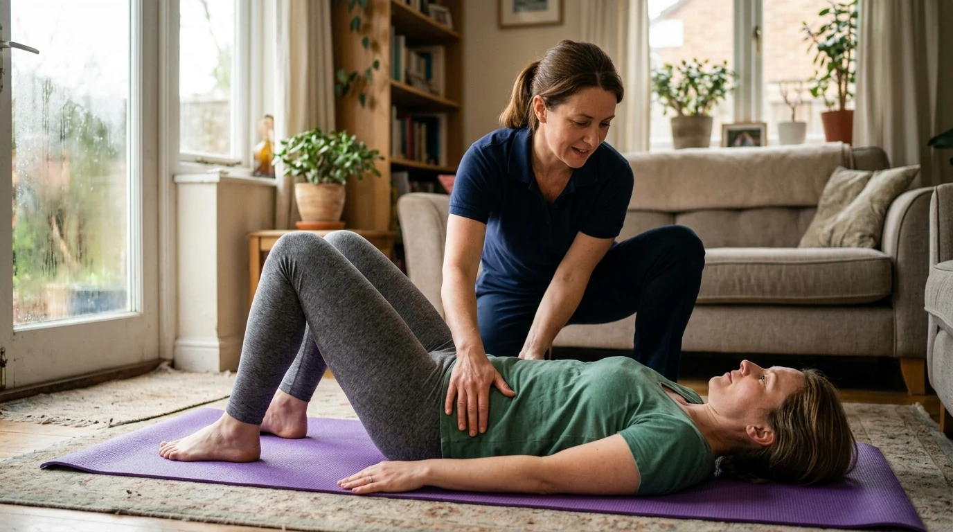 A physical therapist demonstrating safe home spinal decompression techniques to an adult on a yoga mat (AI Generated Image)