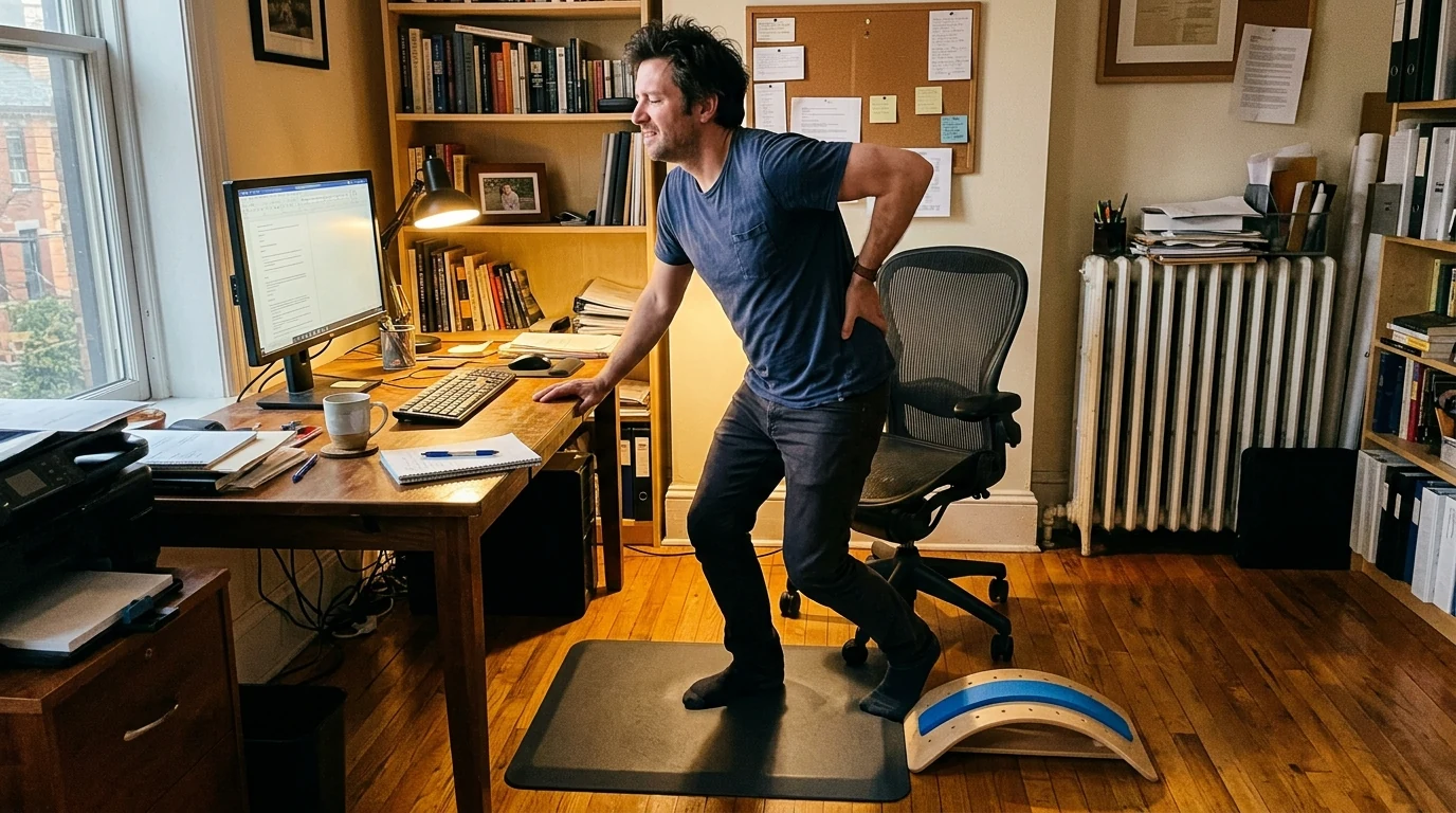 A desk worker standing up at the end of the day supporting his lower back with a floor back stretcher lying on an exercise mat (AI Generated Image)