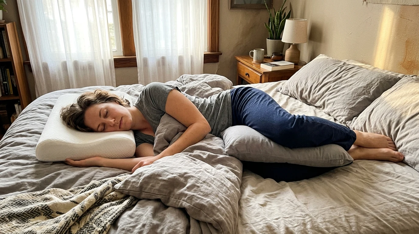 An adult asleep on her side in a cozy bedroom with a supportive pillow between her knees and a contoured cervical pillow under her neck (AI Generated Image)