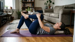An adult in athletic clothes performing a supine figure-4 piriformis stretch on a yoga mat to relieve sciatic nerve tightness