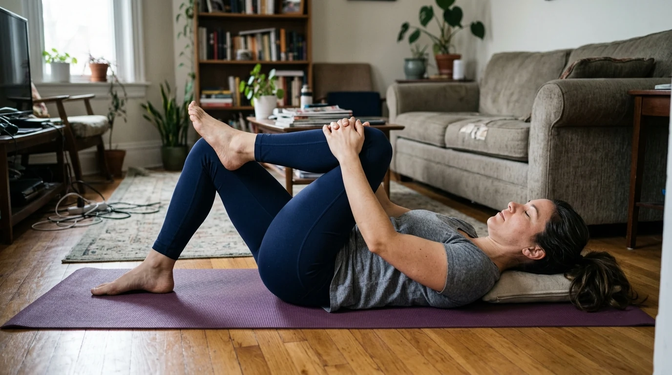 An adult in athletic clothes performing a supine figure-4 piriformis stretch on a yoga mat to relieve sciatic nerve tightness (AI Generated Image)