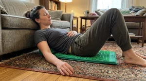 An adult relaxing on a living room rug with their lower back and hips on a green acupressure spike mat for sciatica relief