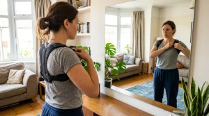 A rehab patient in an athletic shirt adjusting an ergonomic posture corrector brace in a mirror to ensure proper clavicle alignment