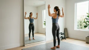 An adult practicing wall angels in front of a mirror in a bright home gym for scapular and spinal posture alignment