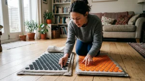 An adult on a wooden living room floor comparing two acupressure spike mats side-by-side with contoured neck pillows