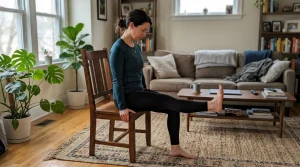 An adult seated upright on the edge of a chair on an area rug performing a seated sciatic nerve flossing glide