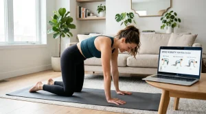 An adult practicing cat-cow mobility exercises on a yoga mat next to a laptop displaying physical therapy thread diagrams