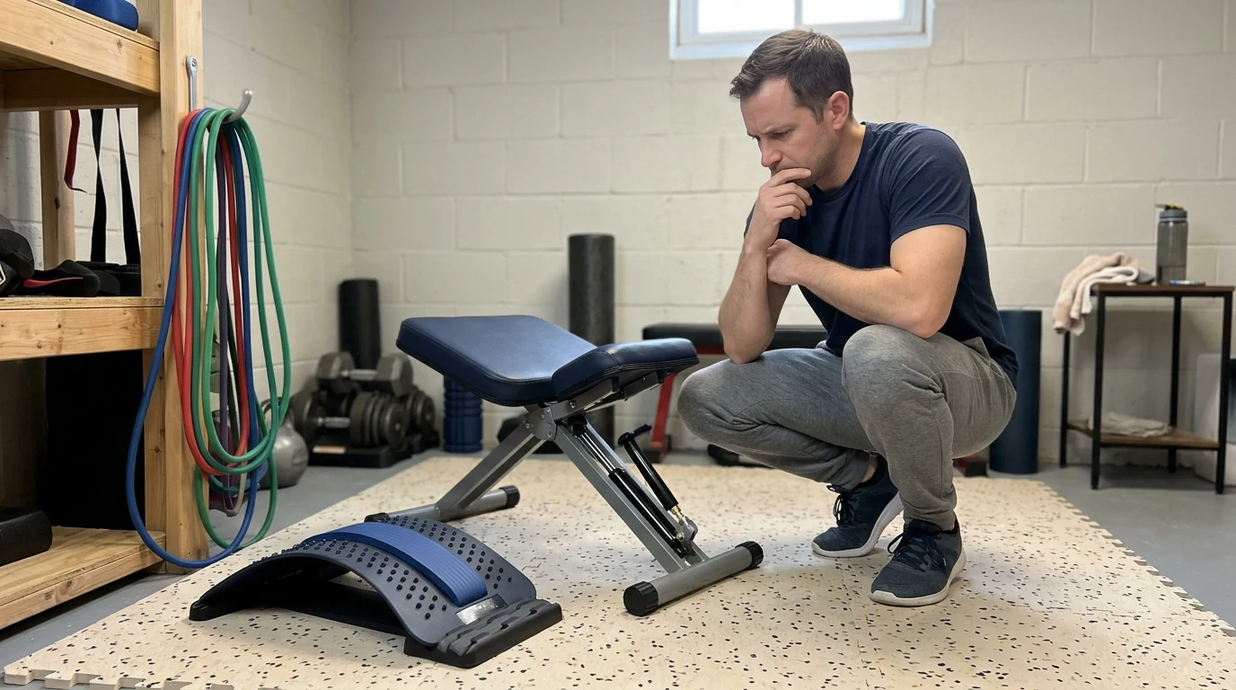 An adult comparing home spinal decompression equipment including an adjustable floor back stretcher and pelvic traction bench in a home gym (AI Generated Image)