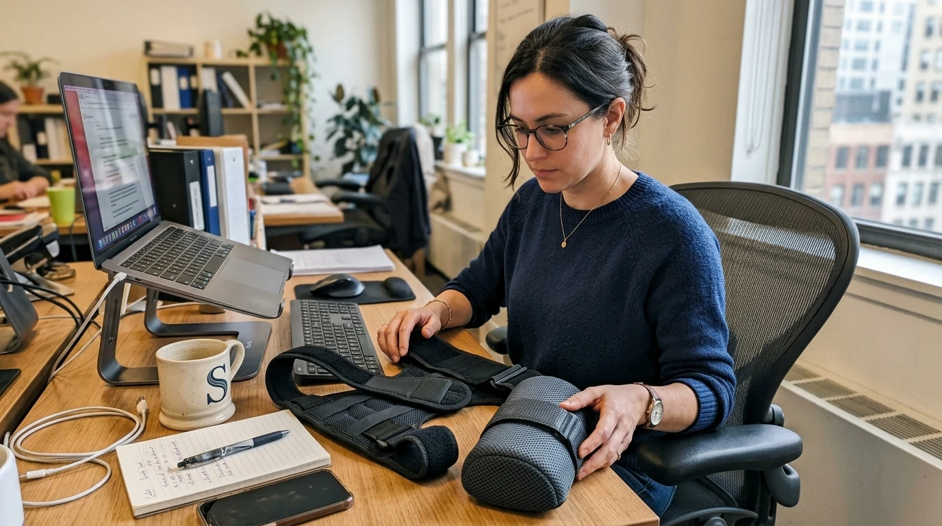 A professional sitting at an office desk comparing posture correction options laid on the desk including an adjustable posture brace and lumbar support roll (AI Generated Image)