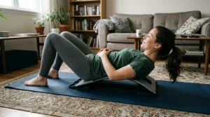 An adult lying comfortably on an exercise mat performing a safe pelvic tilt on an adjustable floor back stretcher